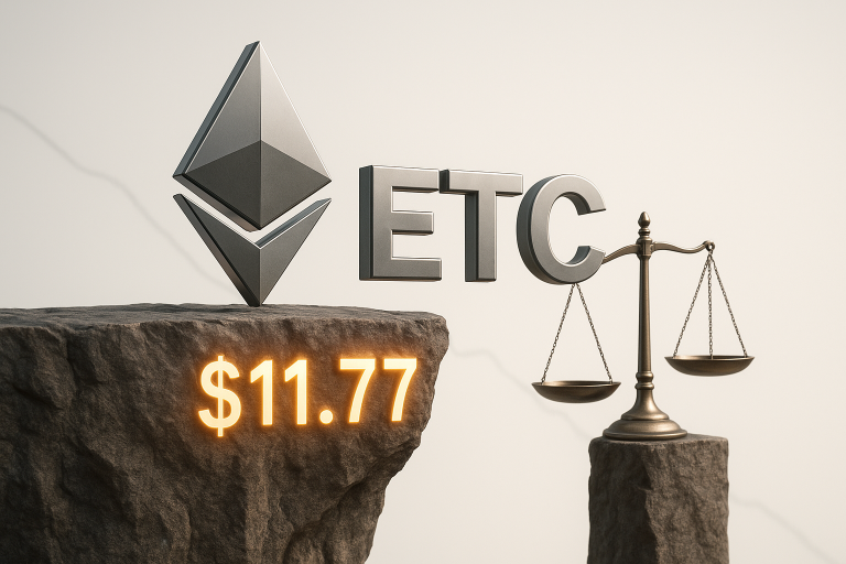 Metallic Ethereum Classic logo and “ETC” text hovering over a rocky ledge bearing a glowing “$11.77”, balanced by a bronze scale on an adjacent rock to symbolize testing critical support amid trend exhaustion.