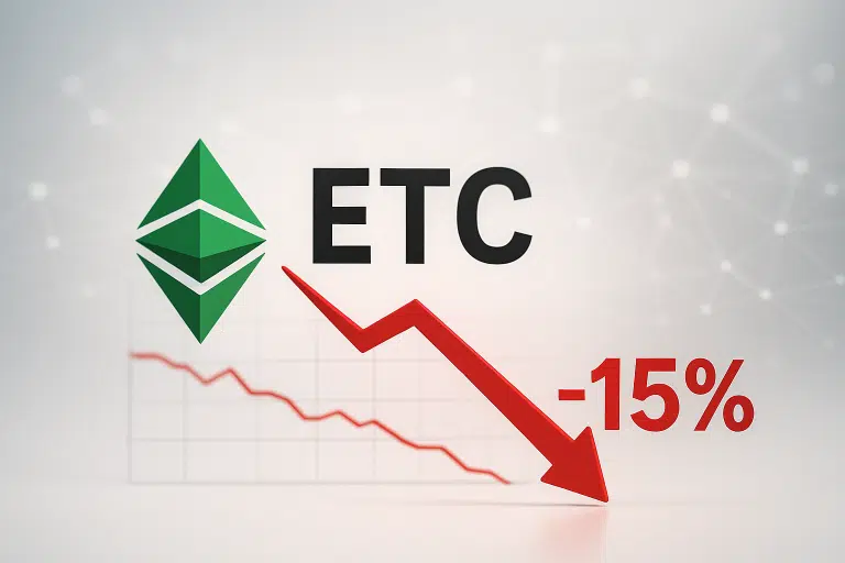 Ethereum Classic logo and “ETC” label with a red descending arrow and “-15%” over a faint grid chart background