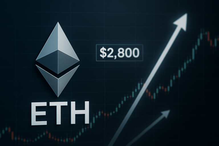 Ethereum logo with a highlighted $2,800 price against a dark background featuring a bullish candlestick chart and soaring arrows.