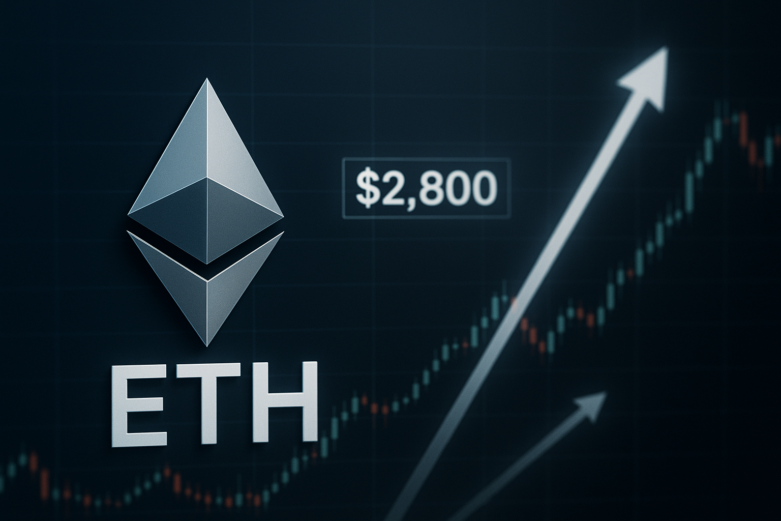 Ethereum logo with a highlighted $2,800 price against a dark background featuring a bullish candlestick chart and soaring arrows.