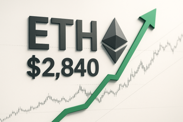Ethereum logo and text “ETH $2,840” beside a bold green upward arrow overlaid on a rising candlestick price chart