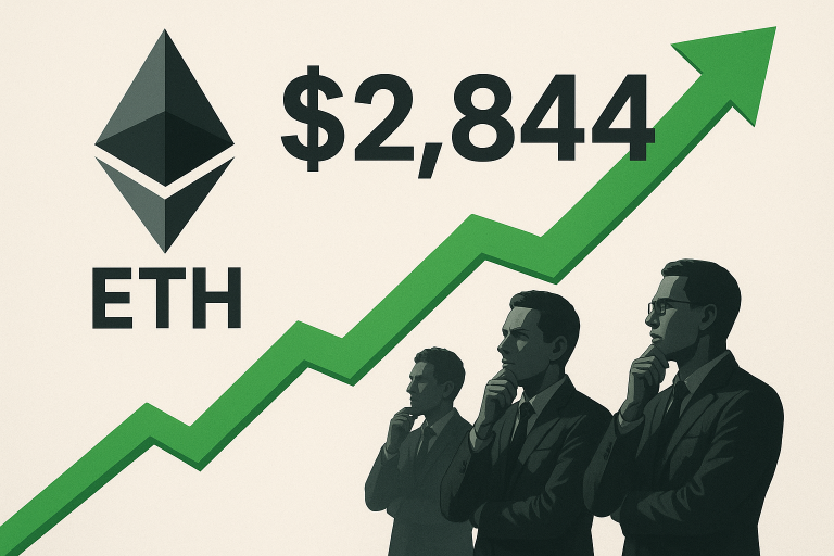 Ethereum logo above “ETH” and “$2,844” price, a bold green arrow trending upward, and silhouettes of three businessmen in thoughtful poses.