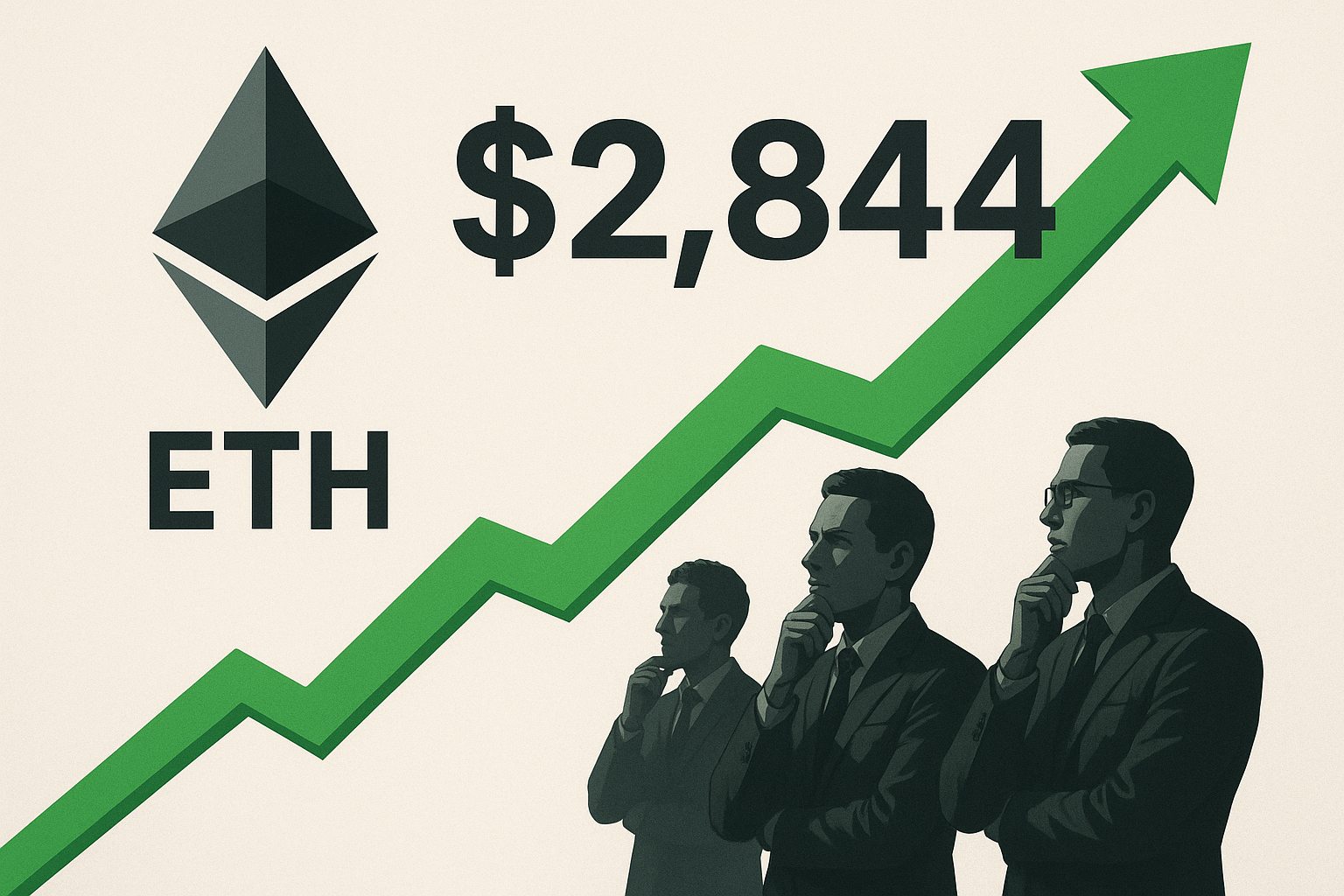 Ethereum logo above “ETH” and “$2,844” price, a bold green arrow trending upward, and silhouettes of three businessmen in thoughtful poses.