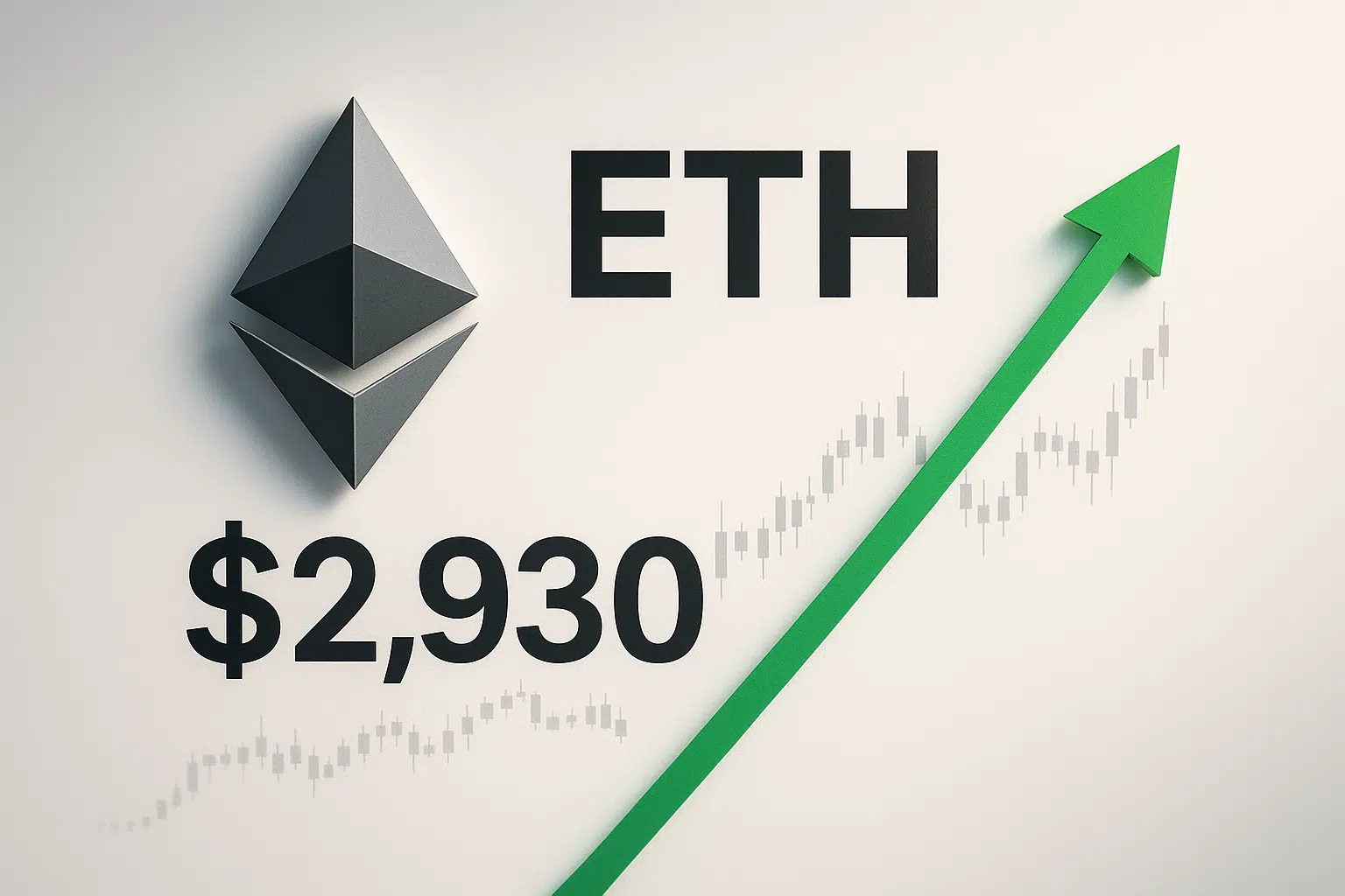 Ethereum symbol and “ETH $2,930” text over a rising candlestick chart background with a bold green arrow pointing up, illustrating Ethereum’s price rally.