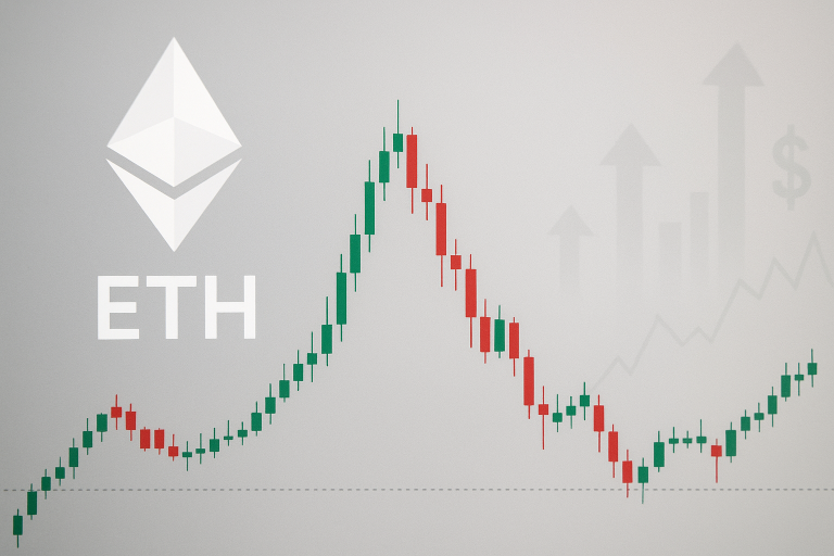 Ethereum logo and “ETH” text beside a green and red candlestick chart showing a sharp rally, peak, decline and early recovery, with faint rising arrows and a dollar symbol in the background.