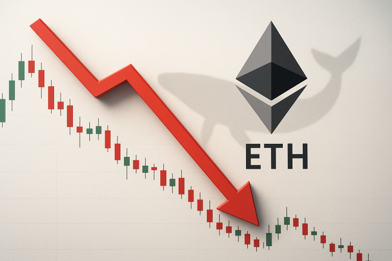 Candlestick chart of Ethereum prices in red and green trending sharply downward, overlaid with a bold red arrow pointing down, beside the Ethereum logo and a whale silhouette.
