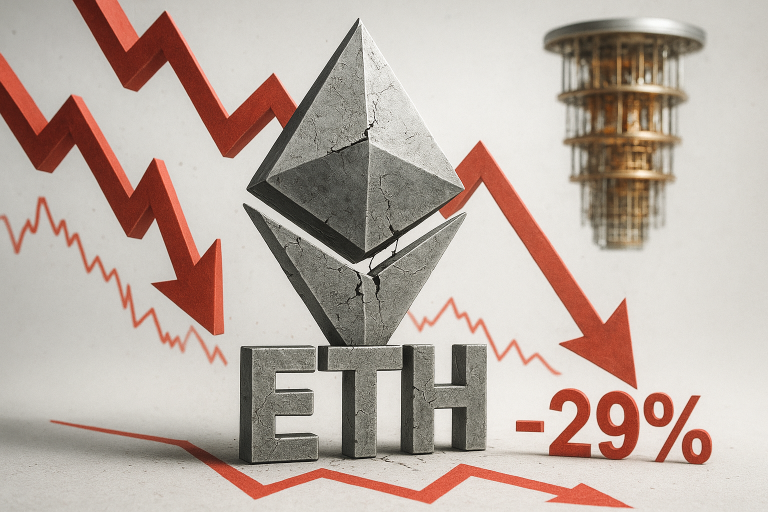 Cracked stone Ethereum logo atop block letters ETH, with red zigzag arrows and “-29%” alongside a falling line chart, and a stylized quantum computer in the background.