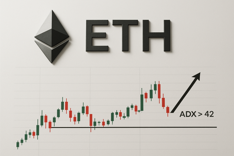 Ethereum logo and “ETH” above a candlestick chart where price dips to a drawn $2,800 support line, with a rising arrow labeled “ADX > 42” indicating strengthening trend.