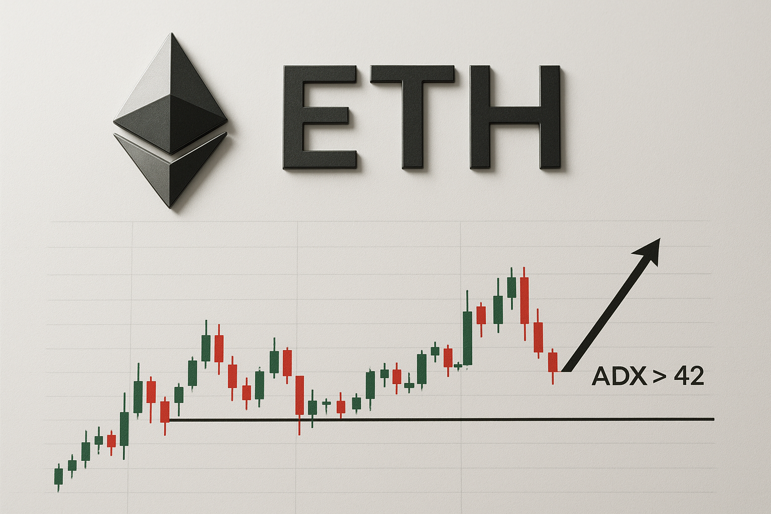 Ethereum logo and “ETH” above a candlestick chart where price dips to a drawn $2,800 support line, with a rising arrow labeled “ADX > 42” indicating strengthening trend.