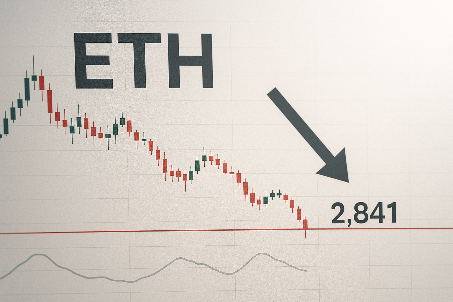A candlestick chart of Ethereum on a white background showing a steady downtrend in red and green bars toward the $2,841 support level, highlighted by a bold downward arrow and a trend‐strength indicator line below.