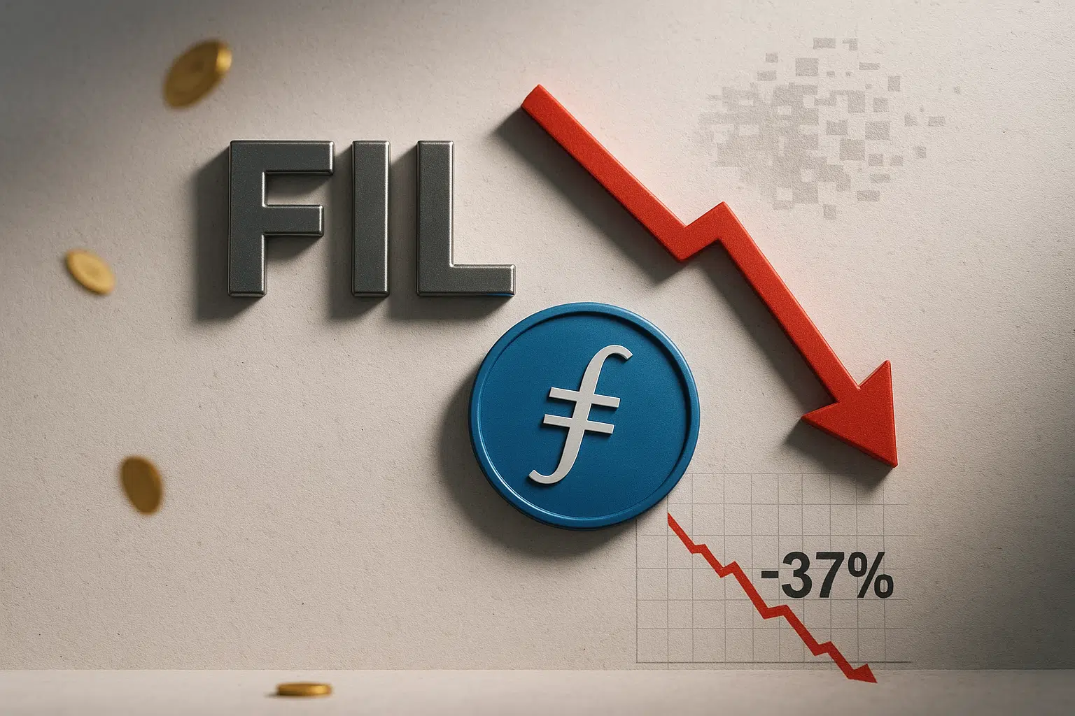 3D rendered metallic “FIL” letters beside a blue Filecoin coin, with a red jagged arrow and chart line pointing down to “-37%” against a neutral background.