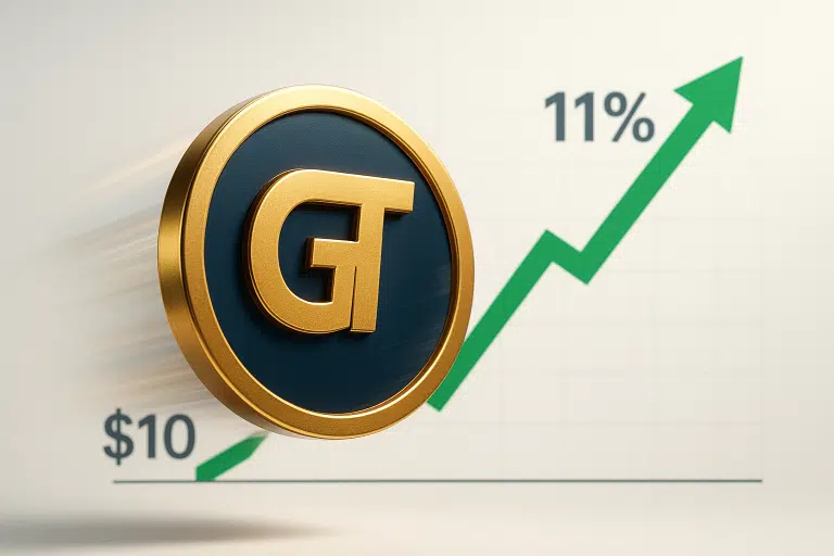 Golden GateToken coin marked “GT” soaring past a chart showing a green arrow rising 11% toward a $10 price label