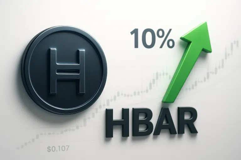 Circular Hedera Hashgraph HBAR symbol beside bold green upward arrow labelled “10%,” over a faint candlestick chart showing price support at $0.107.