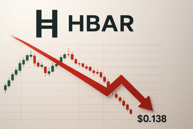 HBAR logo above a candlestick chart and a red arrow plunging downward to a price label of $0.138, illustrating a sharp December selloff.
