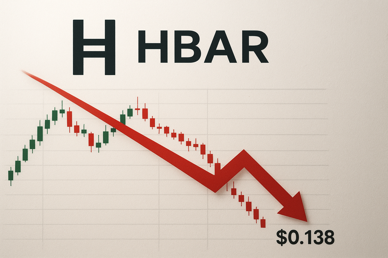 HBAR logo above a candlestick chart and a red arrow plunging downward to a price label of $0.138, illustrating a sharp December selloff.