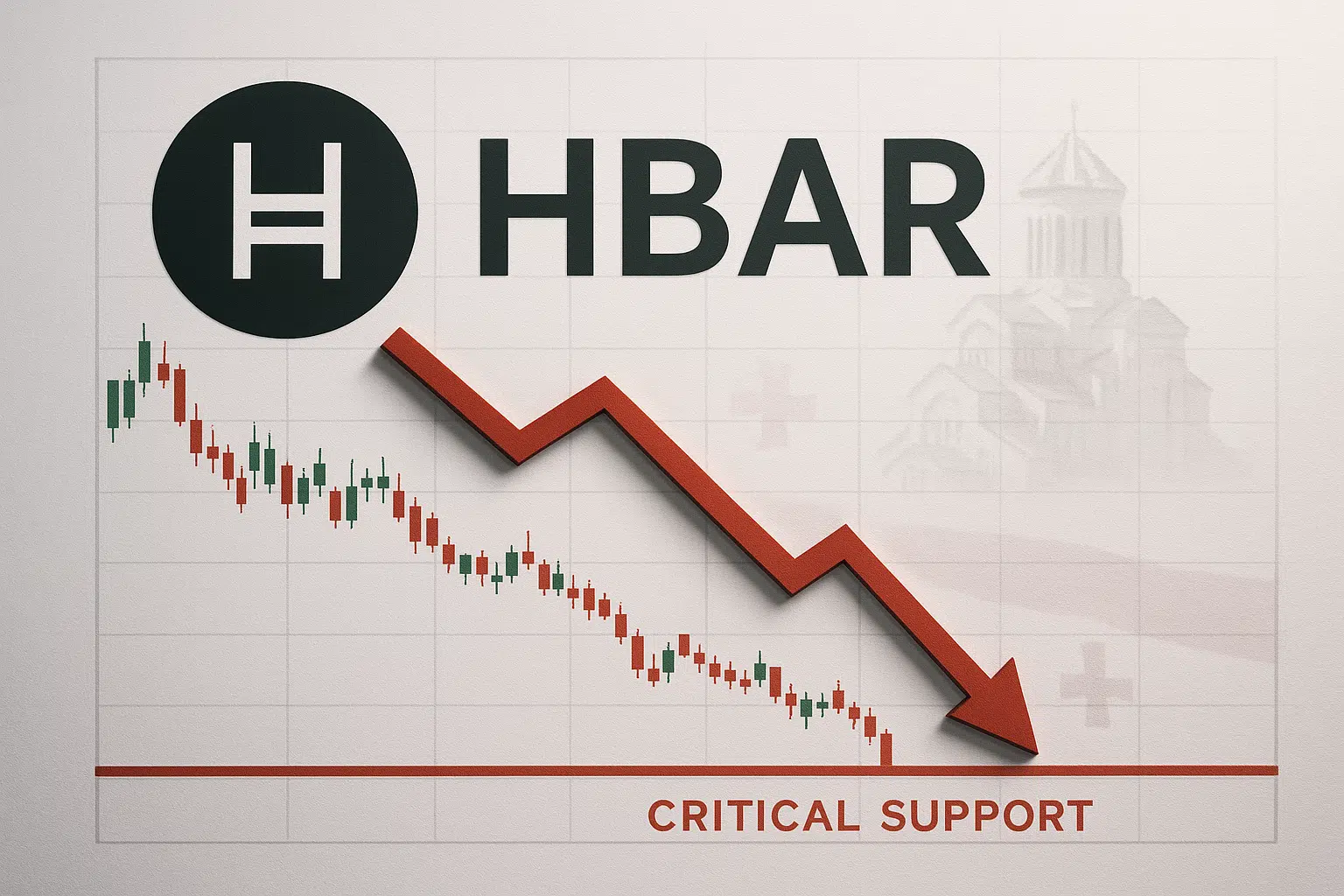 Graphic showing the HBAR logo above a descending candlestick chart with a bold red arrow plunging down to a red horizontal “Critical Support” line, with a faint silhouette of a Georgian church in the background.