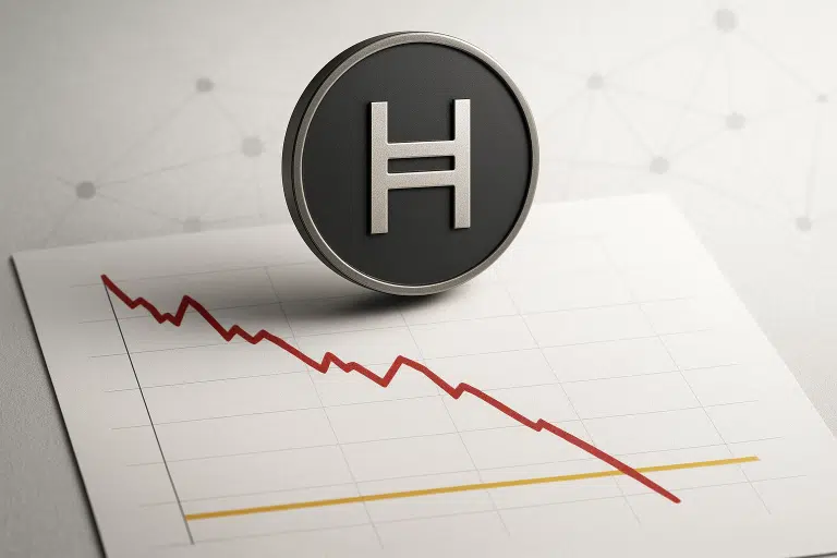 Metallic Hedera HBAR coin floating above a paper chart with a red line sharply declining and breaking below a yellow support line.