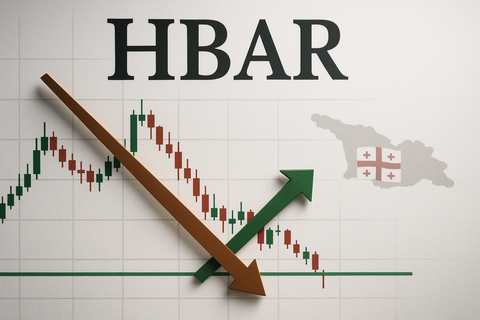 HBAR candlestick chart showing a downward trend testing a horizontal support line, overlaid by a green upward arrow and a brown downward arrow crossing, with a faint outline of Georgia bearing its national flag in the background.