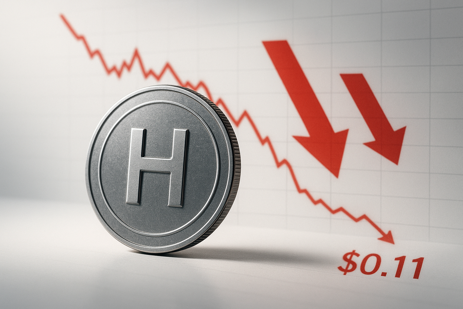 Silver Hedera HBAR coin in foreground with a red downward-trending price chart and two large red arrows pointing down toward a $0.11 price label