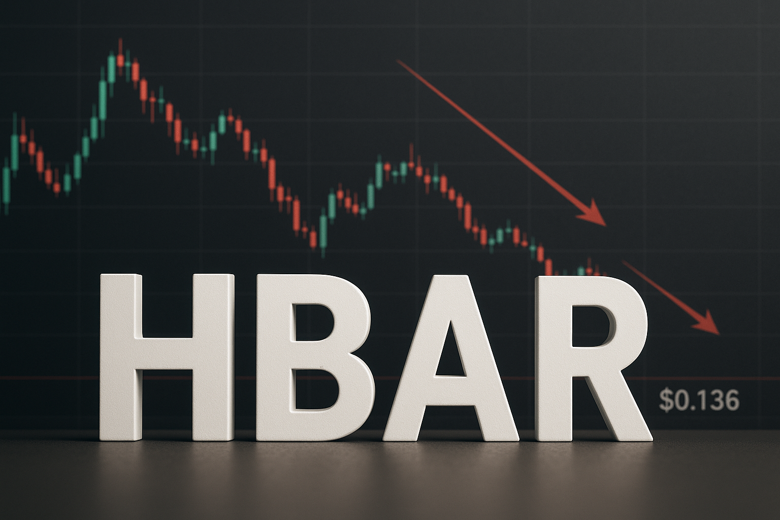 White block letters “HBAR” standing before a dark trading chart of red and green candlesticks trending downward, with red arrows pointing lower and “$0.136” displayed.