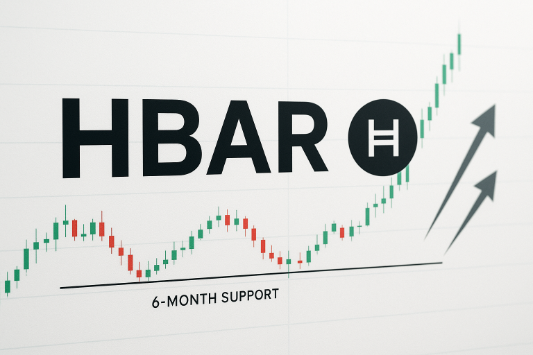 Graphic showing HBAR’s green and red candlestick price chart bouncing along a sloping six-month support line, with a large HBAR logo overhead and two arrows pointing upward toward a sharp rally.