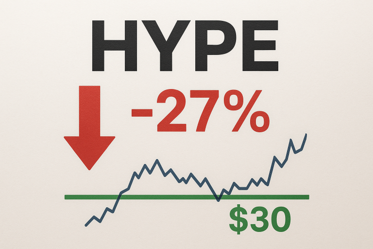 Graphic with the word HYPE at top, a large red downward arrow and “–27%” in red, and a jagged blue price chart dipping to a green horizontal support line labeled “$30” before rebounding upward