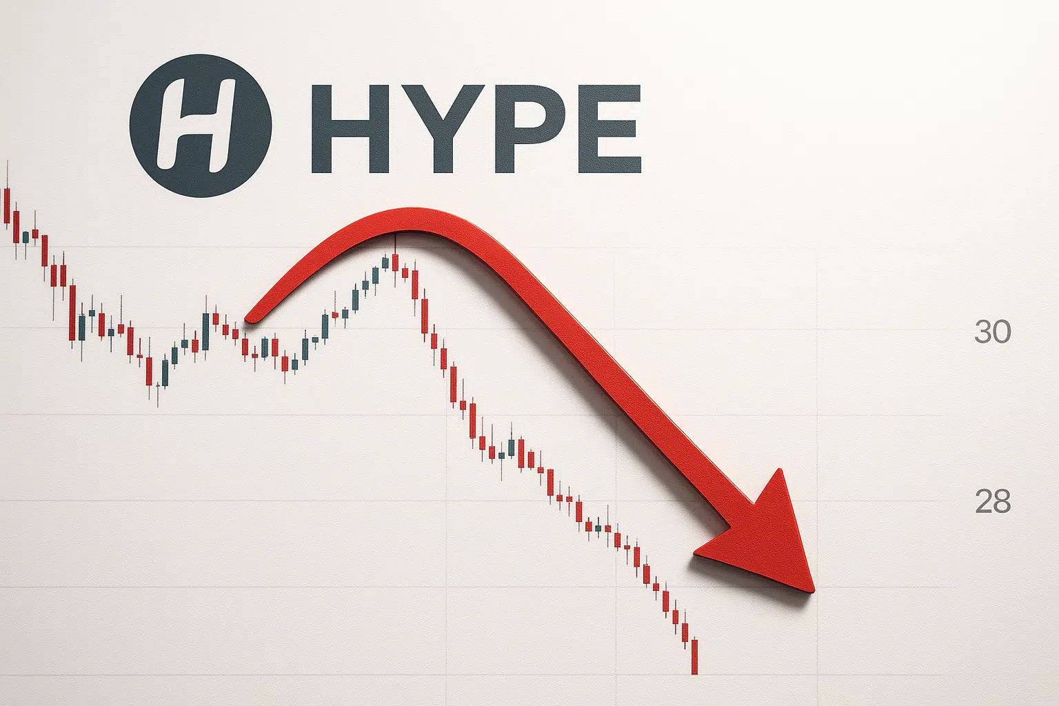 HYPE logo above a candlestick price chart with a red curved arrow marking a rounding top pattern and a sharp plunge below the $28 level