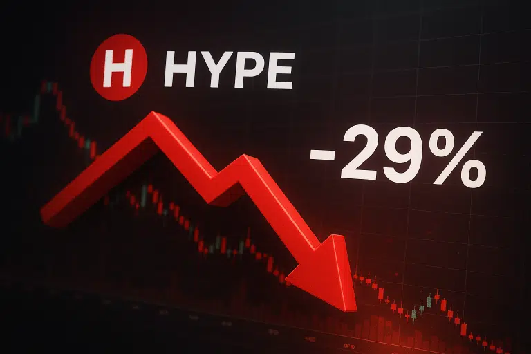 HYPE logo beside a bold red zigzag arrow plunging 29% over a dark candlestick chart, symbolizing the steep December selloff despite a $30 million buyback.