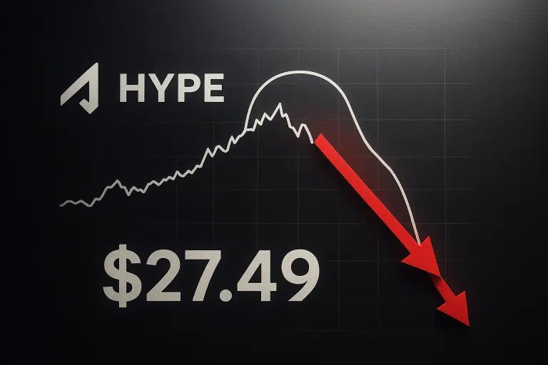 HYPE logo with a price chart illustrating a rounding top formation and a red arrow plunging to $27.49, signaling mass liquidations.