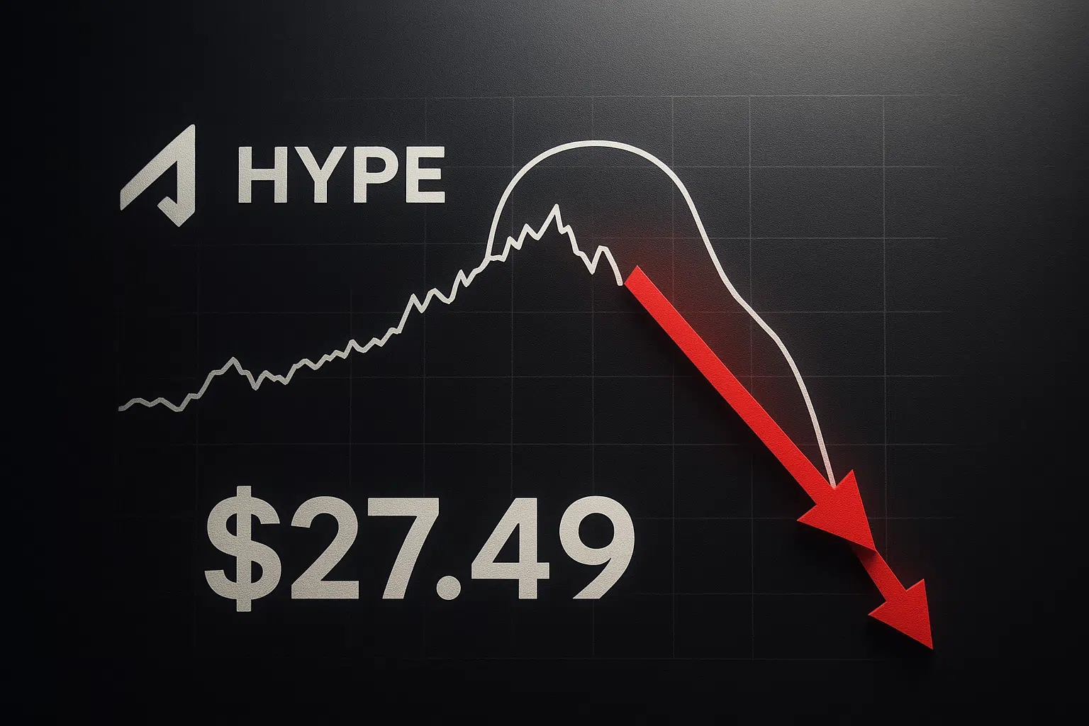 HYPE logo with a price chart illustrating a rounding top formation and a red arrow plunging to $27.49, signaling mass liquidations.