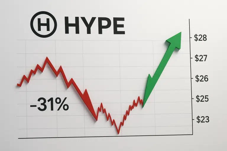 Chart of HYPE stock showing a red jagged line plunging 31% to around $23, then a bold green arrow indicating a sharp rebound past $28.