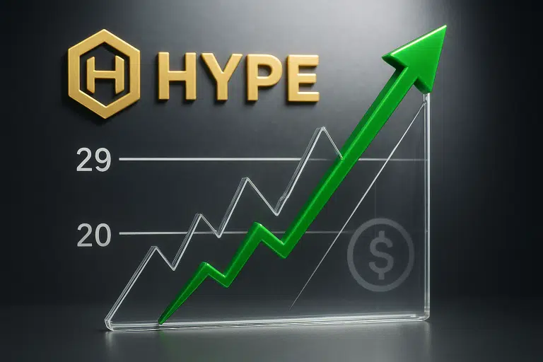 Golden HYPE logo above a translucent price chart marked at 20 and 29, with a bold green arrow trending upward past the 29 level.