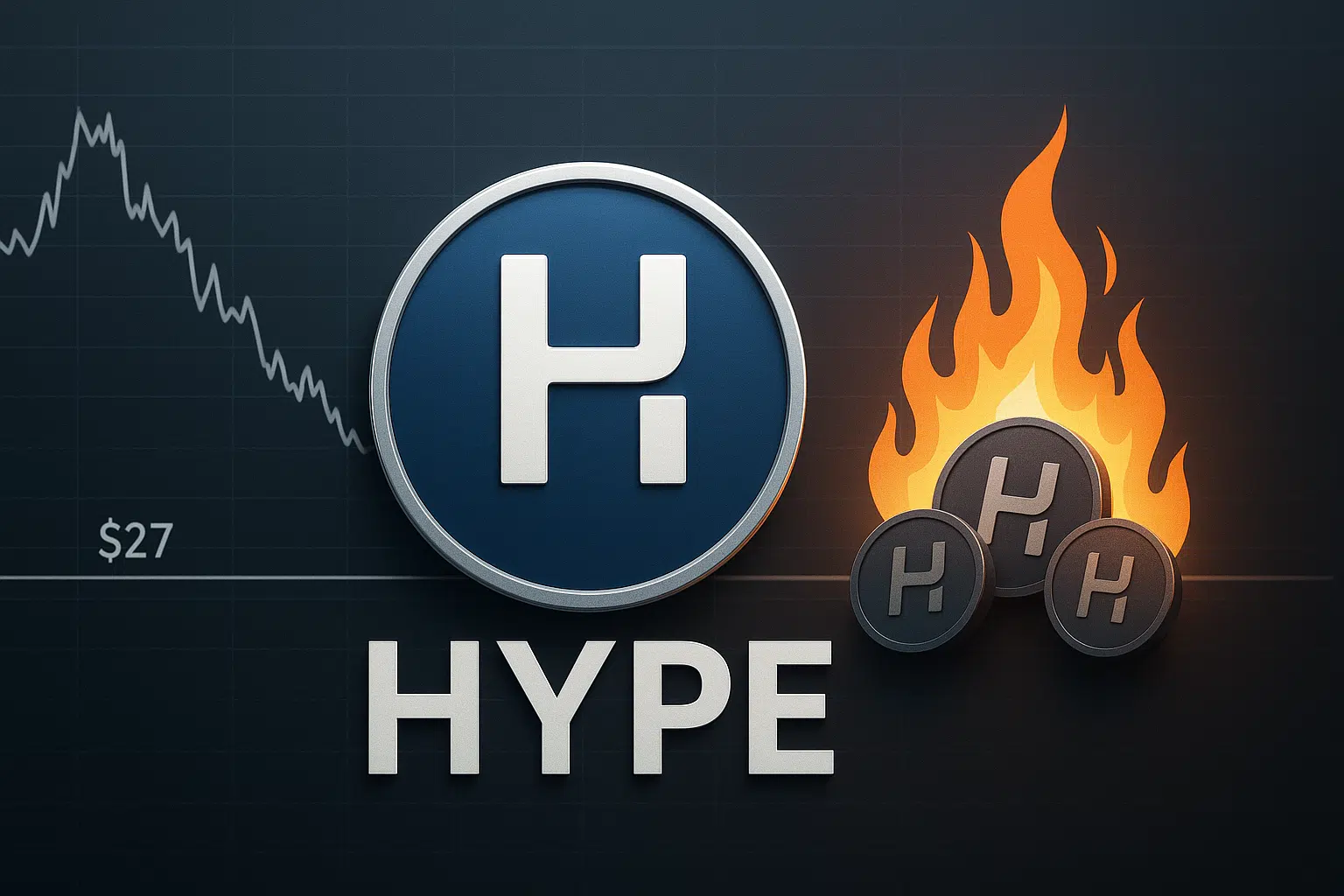 HYPE cryptocurrency logo with a downward-trending price chart testing $27 support and flaming HYPE coins symbolizing the proposed $1 billion token burn