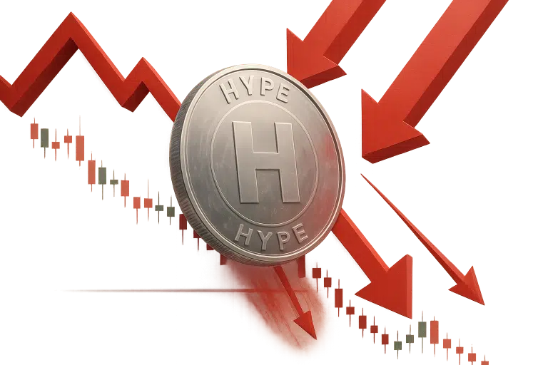 Silver coin embossed with “HYPE” and a bold “H” at its center, foregrounded by multiple red arrows pointing downward over a red-hued bearish candlestick chart indicating a sharp price plunge.