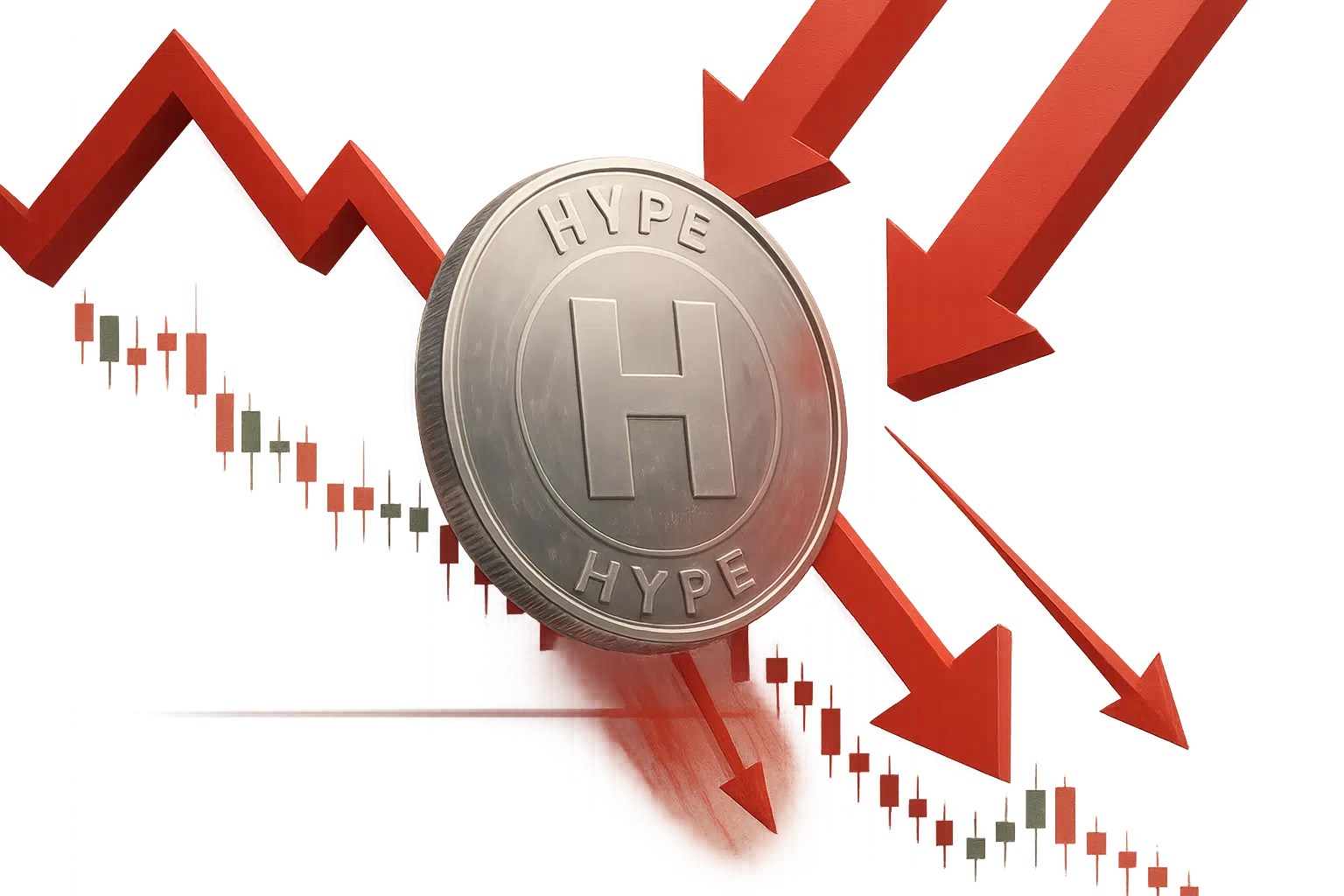 Silver coin embossed with “HYPE” and a bold “H” at its center, foregrounded by multiple red arrows pointing downward over a red-hued bearish candlestick chart indicating a sharp price plunge.