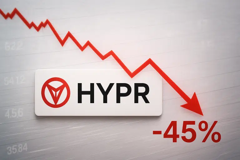 Red jagged downward trend line over a grey financial chart background with the HYPR logo and a large red –45%