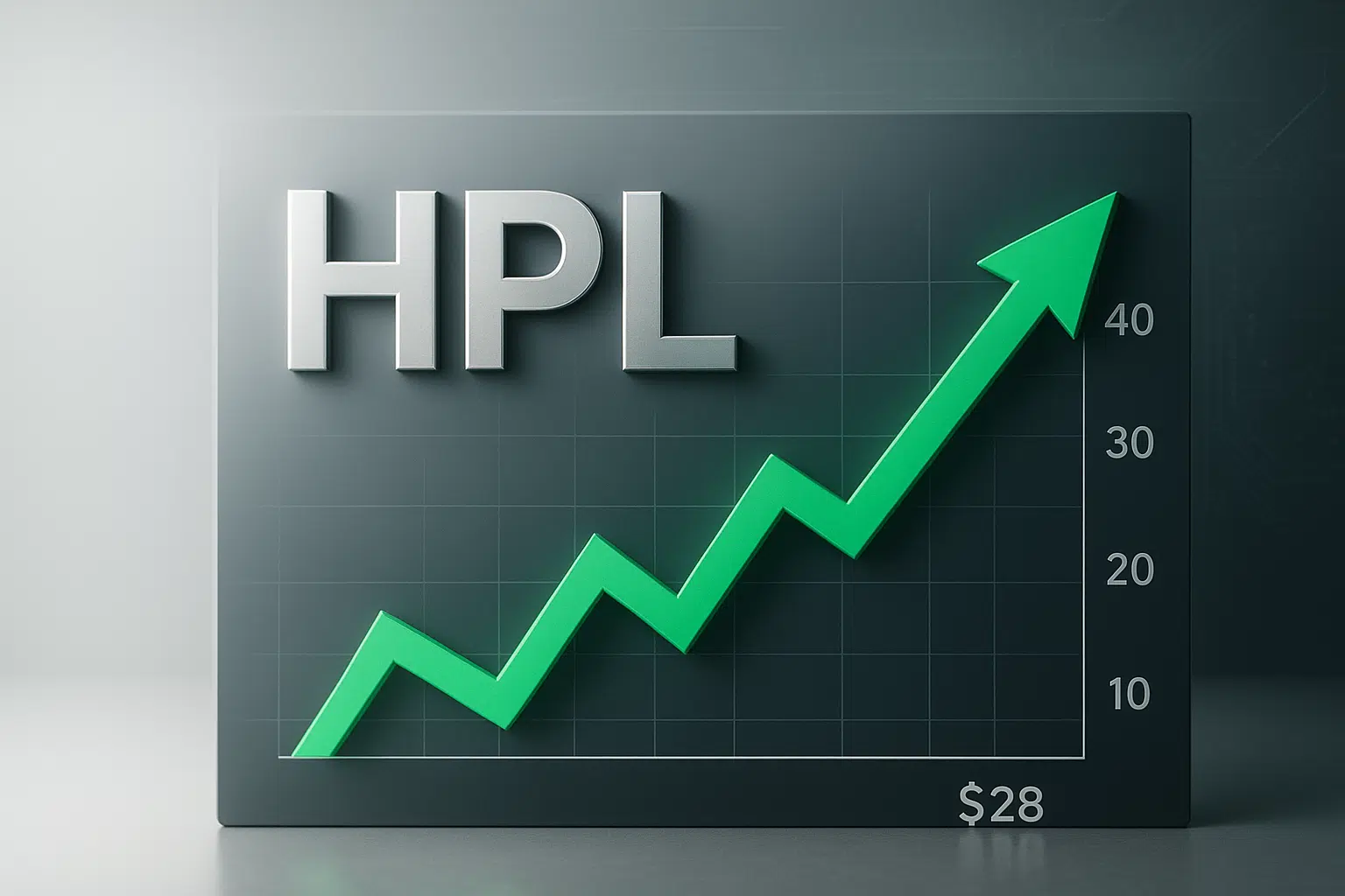 HPL token price chart on a dark grid background, featuring a bold green zigzag line trending upward to $28 with a vertical axis marked 10, 20, 30, 40.