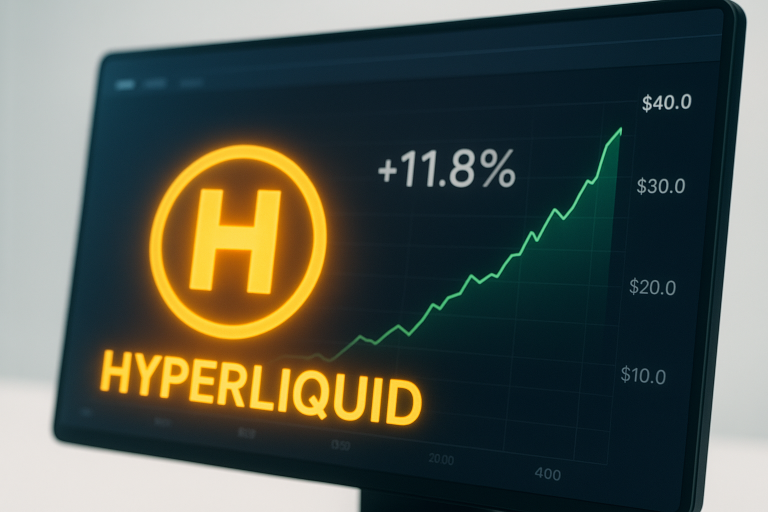 Display showing a glowing golden “H” Hyperliquid logo next to a green upward price chart marked “+11.8%,” climbing toward the $40 level