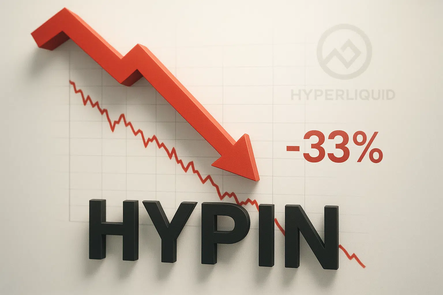 Graphic of a large red downward arrow over a falling line chart with “-33%” and bold “HYPIN” letters, representing Hyperliquid’s 33% tumble.