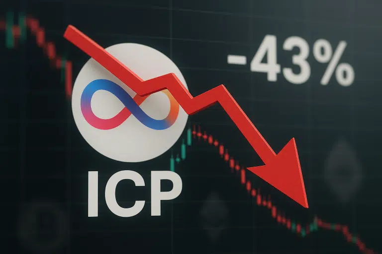 ICP logo superimposed on a dark candlestick chart with a jagged red arrow pointing downward and “-43%” indicating its plunge.