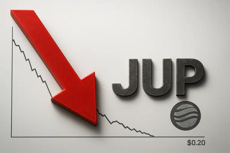 Price chart with a red arrow plunging down to $0.20 next to dark “JUP” letters and a stylized planet logo.