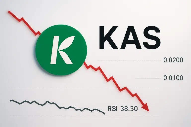 Green Kaspa (KAS) logo and symbol beside a red downward-trending price chart declining to multi-month lows between 0.0200 and 0.0100, with RSI at 38.30 indicating oversold territory.