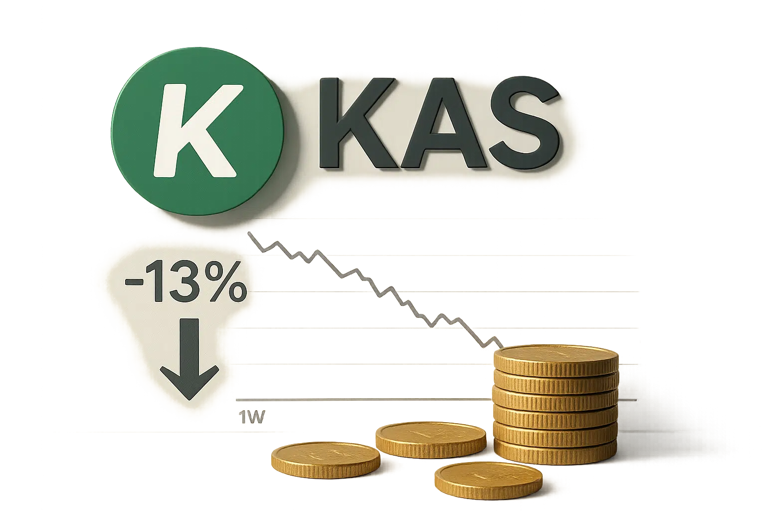 Kaspa logo alongside a “–13%” drop and downward arrow, a one-week falling price chart, and stacks of gold coins symbolizing whale accumulation.