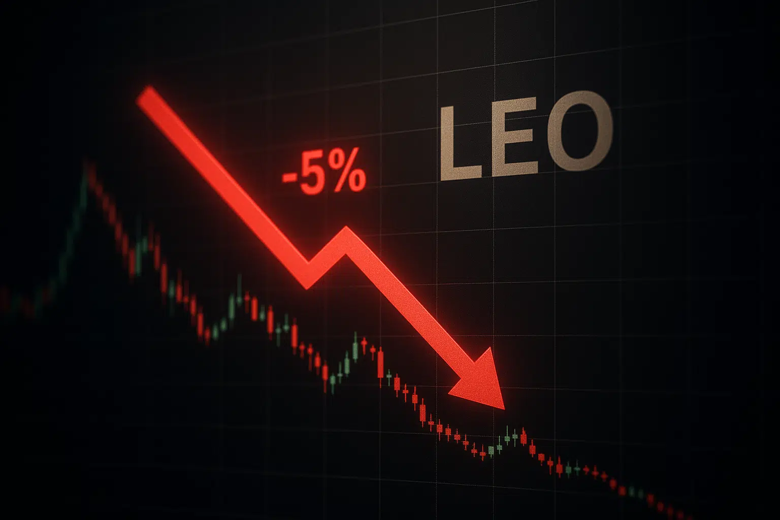 Dark financial candlestick chart with green and red bars trending downward, overlaid by a large glowing red arrow pointing down beside “-5%” and the label “LEO.”