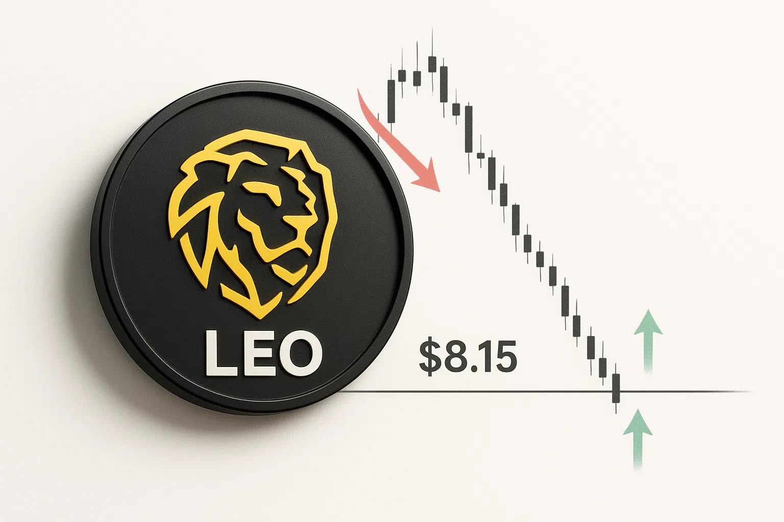 Stylized black and gold LEO cryptocurrency coin beside a steeply falling candlestick chart hitting the $8.15 support line, highlighted by a red downward arrow and green upward arrows signaling a potential trend reversal zone.