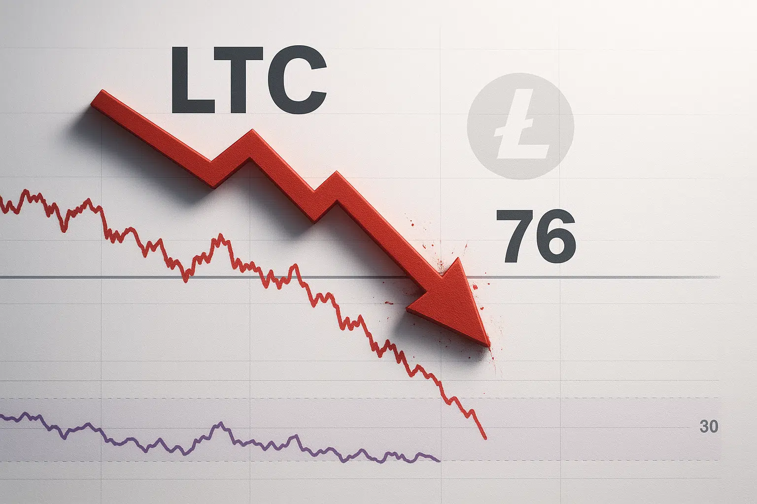 Graph of Litecoin price with a bold red arrow crashing below the $76 support level and RSI line dipping into oversold territory.