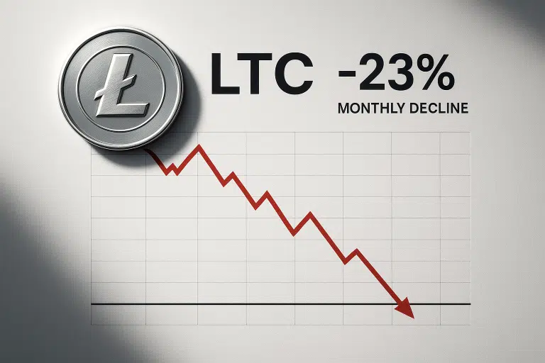 Silver Litecoin coin next to bold text “LTC –23% Monthly Decline” above a grid chart with a red line sharply trending downward.