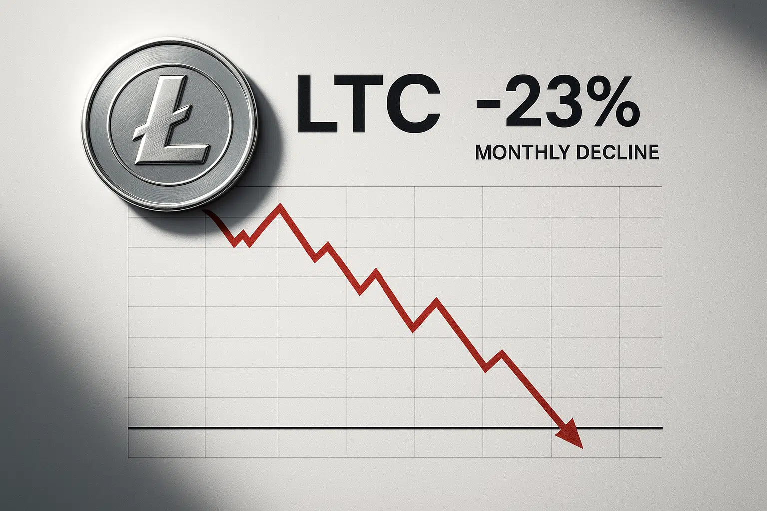 Silver Litecoin coin next to bold text “LTC –23% Monthly Decline” above a grid chart with a red line sharply trending downward.