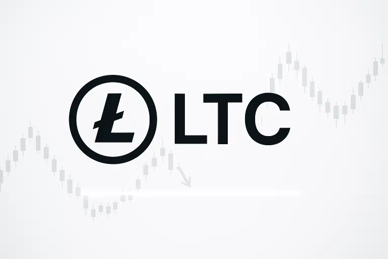 Black Litecoin (LTC) logo and ticker symbol over a muted gray candlestick chart showing a downward trend testing a critical support level.