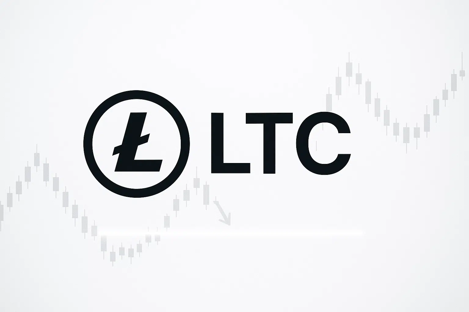 Black Litecoin (LTC) logo and ticker symbol over a muted gray candlestick chart showing a downward trend testing a critical support level.